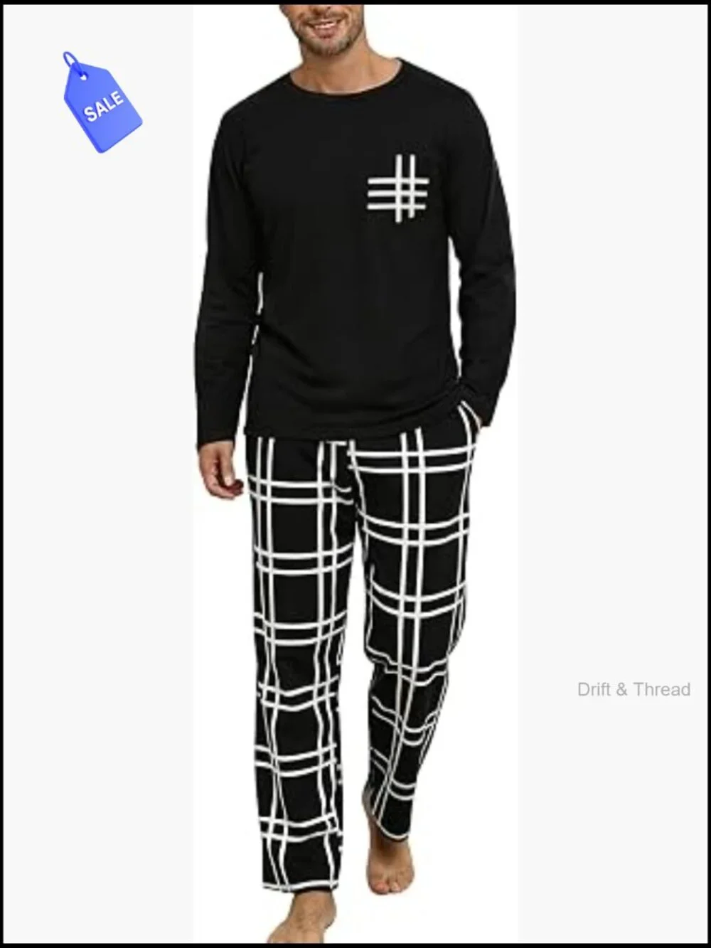 Men's 2-Piece Pajama Set Long Sleeve Plaid Pants with Pockets Soft Comfy Lounge